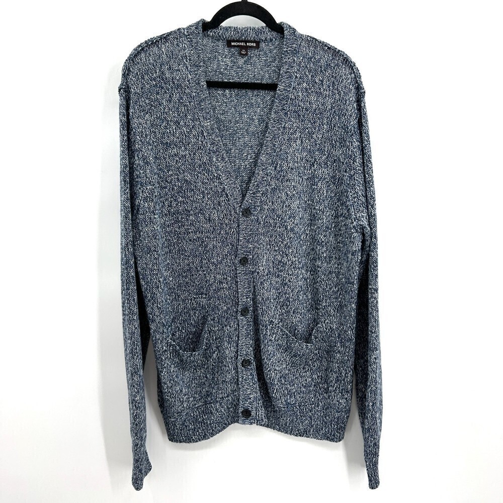 MICHAEL KORS Blue White Knit 100% Linen Button Up Cardigan Sweater Size XXL